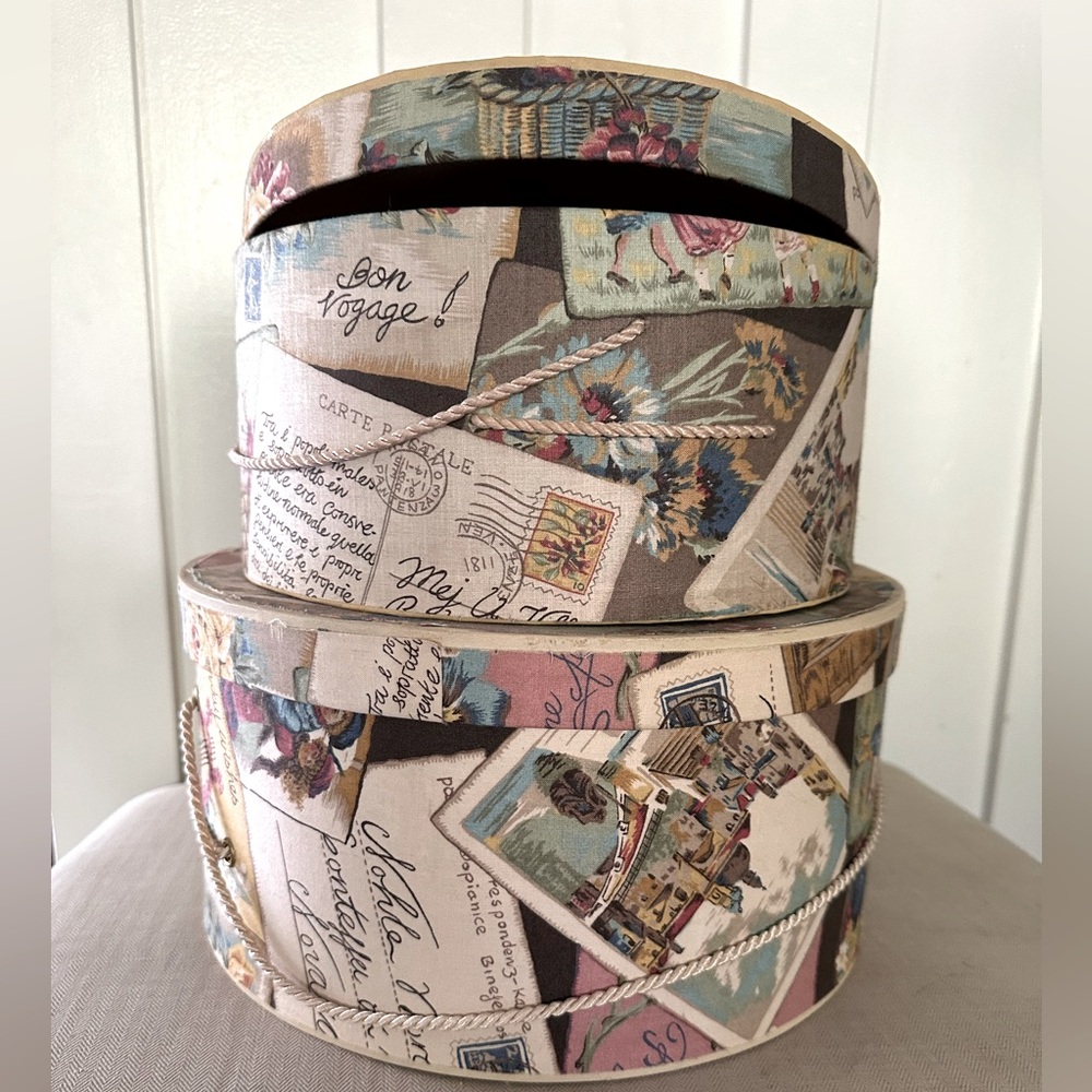 2 Nesting hat boxes with vintage travel/postcard themed fabric